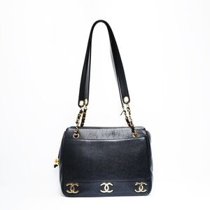CHANEL No. 3 1994-1996 Caviar Skin Triple Coco Tote Shoulder Bag in Black